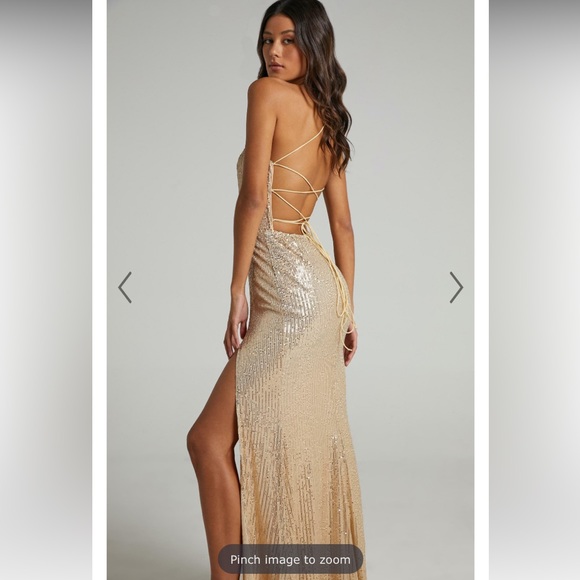MAGIC HOUR MAXI DRESS - THIGH SPLIT TIE BACK DRESS IN GOLD SEQUIN - SHOWPO - Picture 2 of 4
